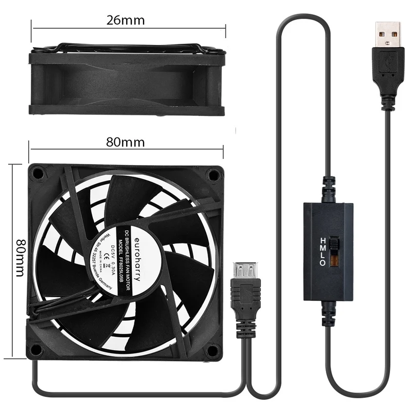 USB Lüfter 80 mm Alurahmen – 3-Gang, 5V/0,3A, für AV-Schrank | euroharry