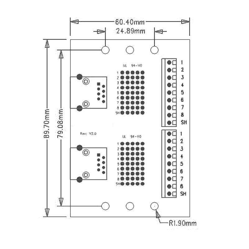 Dual RJ45 / 8P8C auf Schraubklemmen-Breakout-Platine mit DIN-Schienenclips