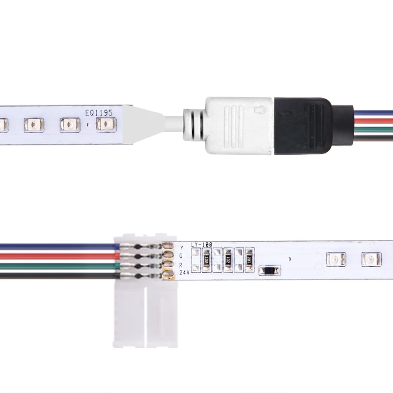 4Pin LED RGB Strip Light Connector 10mm breiter Streifen auf Jumper Lötfreier Clamp-On Pigtail Adapter für 5050 Flexible LED Strip Light