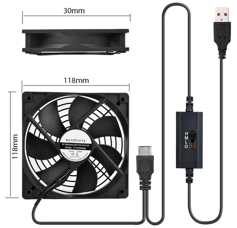 USB Lüfter 120 mm Alurahmen – 3-Gang, 5V/0,3A, für AV-Schrank | euroharry