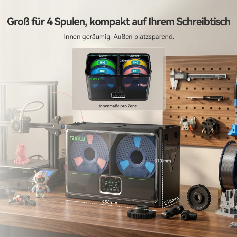 SUNLU FilaDryer S4 Pro, Zwei-Zonen-Filamenttrockner mit unabhängiger Temperatur- und Zeitsteuerung, max. 85 °C Temperatur, Trocknen & Tempern (Annealing) 2-in-1, passend für 4 × 1 kg Filament-Spulen