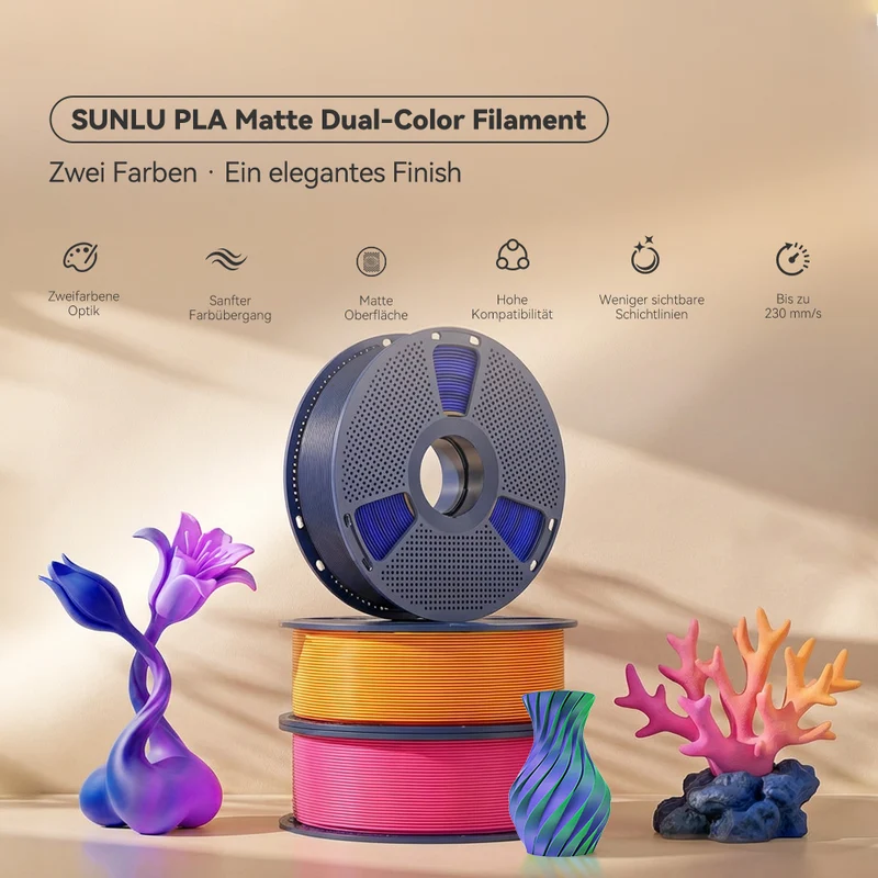 SUNLU PLA Matte Dual-Color 3D-Drucker Ästhetik-Filament 1KG, Nahtlose Zwei-Farb-Effekte & Weiches Matt-Finish