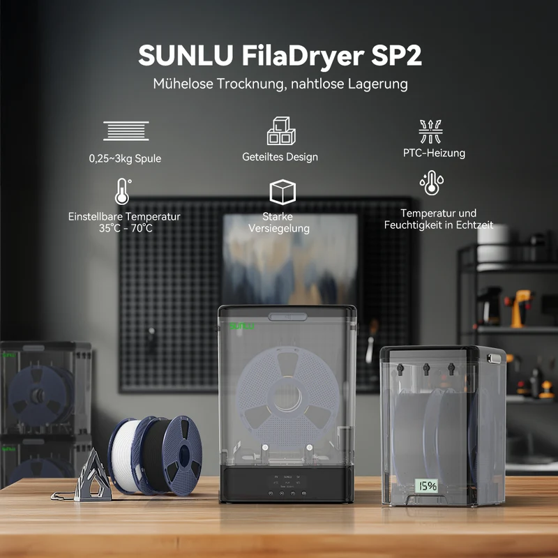 SUNLU FilaDryer SP2, 2-in-1 Filament Trockner kombiniert mit Aufbewahrungsbox, bis zu 70℃(158°F) Trocknung und nahtlose Lagerung, kompatibel mit Spulengröße 1kg×2 oder 2kg×1 oder 3kg×1