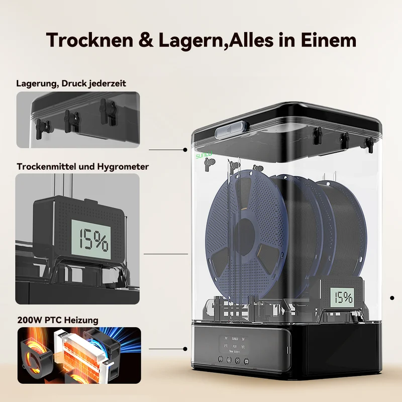 SUNLU FilaDryer SP2, 2-in-1 Filament Trockner kombiniert mit Aufbewahrungsbox, bis zu 70℃(158°F) Trocknung und nahtlose Lagerung, kompatibel mit Spulengröße 1kg×2 oder 2kg×1 oder 3kg×1