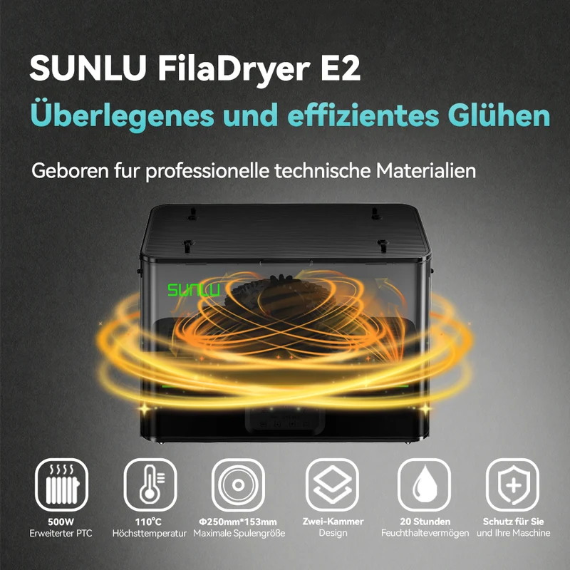 SUNLU FilaDryer E2, Bis zu 110℃, Professionelles Trocknen und Tempern, Geboren für technische 3D Druck Filamente