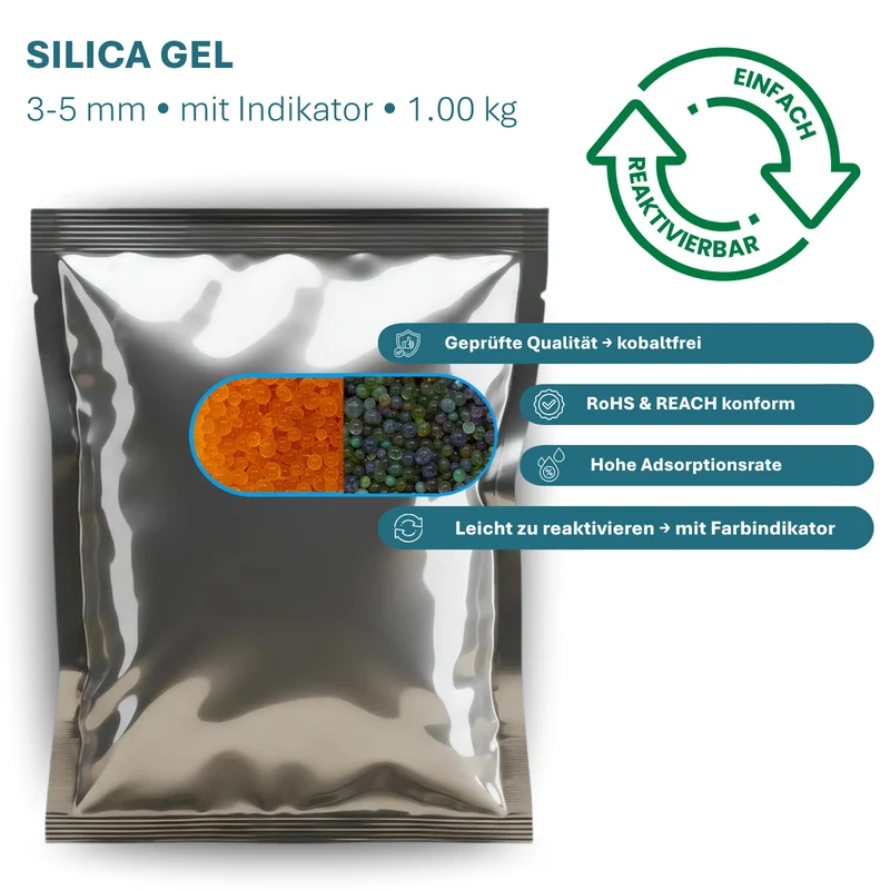 Silica Gel 3–5 mm Orange/Grün 1 kg – Trockenperlen mit Farbindikator
