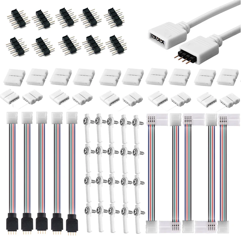 LED Streifenlicht Zubehör| 56 Stück LED-Streifen-Anschluss-Kit für 5050 10 mm 4Pin, Enthält 7 Arten von lötfreiem LED-Streifen-Zubehör Bietet die meisten Teile für Heimwerker
