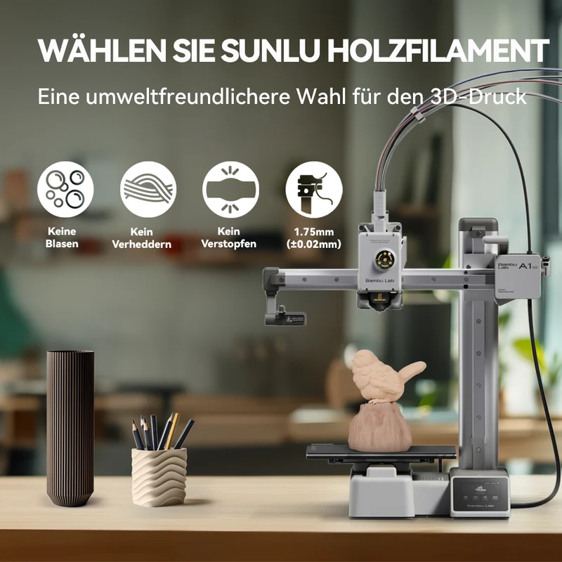 SUNLU Optimiertes Holz PLA (Wood PLA)3D Drucker Filament 1KG, optimierte und verbesserte Holzstruktur