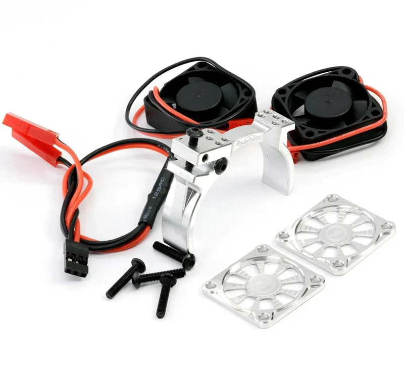 Power Hobby 1/10 Aluminum Heatsink Mount 30mm Twin Turbo Cooling Fans - Silver