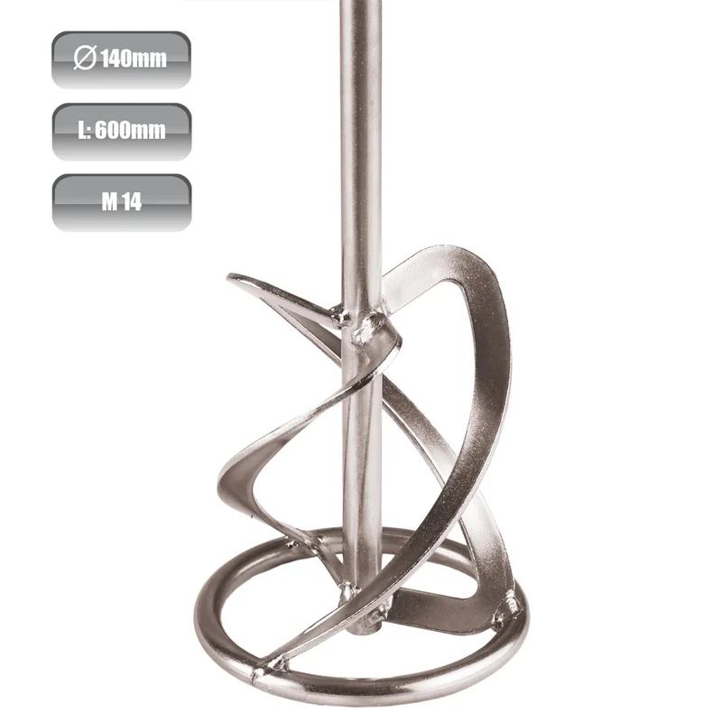 Mortelrührquirl MR 140 G Länge: 600 mm Durchmesser: 140 mm Mischvolumen: 30–60 kg Volumen: 40–75 l Werkzeugaufnahme: M14